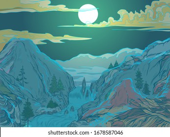 winter mountain night. ski resort or nature Park. Pop art retro vector illustration vintage kitsch 50s 60s style