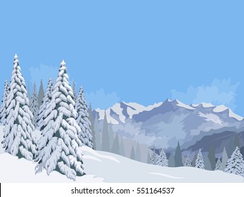 Winter mountain peak landscape fir snow forest tree road vacation vacations background blue sky vector illustration sport holiday ski resort