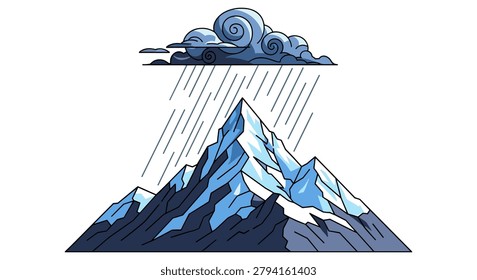 Winter mountain peak with rain shower from a dark storm cloud mountain landscape illustration precipitating climbing adventure