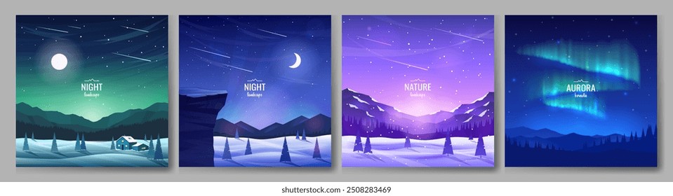 Cartazes de montanha de inverno. Uma casa de campo em um vale, a lua sobre as montanhas, snowdrifts, céu noturno com aurora boreal. Nocturne. Design para cartaz, fundo, convite, capa.