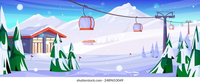 Winterferienort mit Bergbahnen. Vektorgrafik Cartoon-Illustration der Gondelbahnen mit Touristen über dem verschneiten Hang, hölzerne Chalethäuser und Tannen, Alpenlandschaft, touristische Freizeit