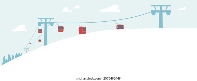 Winter Mountain Resort Landscape with Funicular and Spruces. Ski Resort Settlement With Cableway Over Fir Trees and Cloudy Sky, Wintertime Holidays Vacation Concept, Cartoon Vector Illustration