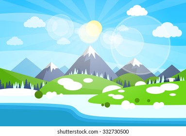 Winter Mountain River Landscape Background, Snow Trees Flat Vector Illustration