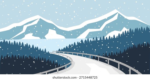 Paisaje de carretera de montaña de invierno con nieve caída.  Camino rural de invierno. Bosque de pinos. Lago de invierno. Paisaje invernal.