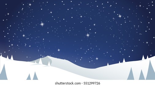 Winter mountain scenery with pine trees and snowy hills - night scenery