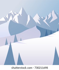 Winter mountain scenery with pine trees and snowy hills.