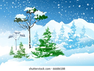 Winter mountain scenery. Vector illustration.