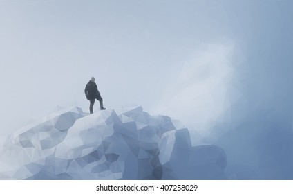 Winter mountain  with the silhouette of a climber. Low Poly