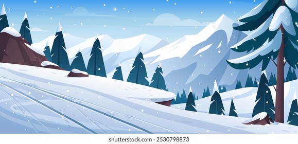 Paisagem de esqui de montanha de inverno. Ilustração vetorial da estância de esqui com colinas nevadas, pinheiros, penhasco, pista de esqui, trenó, snowboard. Atividades de férias ao ar livre em Alpes. Esporte de esqui e snowboard de inverno