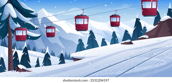 Paisagem de esqui de montanha de inverno. Ilustração vetorial da estância de esqui com colinas nevadas, pinheiros, penhasco, pista de esqui, funicular, snowboard. Atividade de feriados ao ar livre. Esporte de esqui e snowboard de inverno