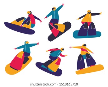 Winter mountain sport activities. Snowboarding. People characters snowboard riders. Flat style vector illustration.