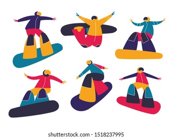 Winter mountain sport activities. Snowboarding. People characters snowboard riders. Flat style vector illustration.