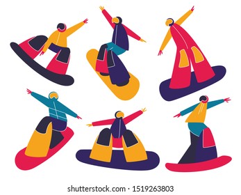 Winter mountain sport activities. Snowboarding. People characters snowboard riders. Flat style vector illustration.