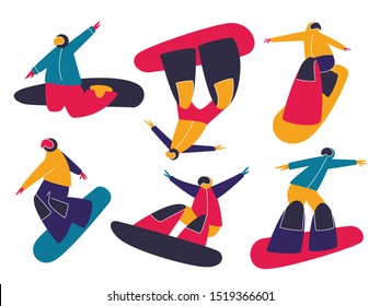 Winter mountain sport activities. Snowboarding. People characters snowboard riders. Flat style vector illustration.