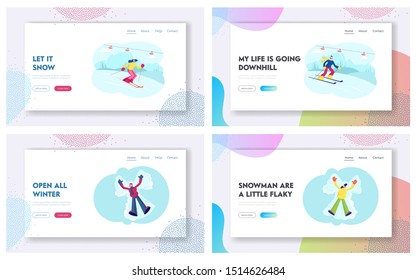 Winter Mountain Sports Activity Website Landing Page Set. Adult People Dressed in Winter Clothing Skiing and Having Fun. Ski Riders and Snow Angel Web Page Banner. Cartoon Flat Vector Illustration