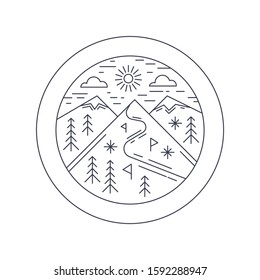 Winter mountain sticker, vector illustration. Ski resort concept, outline design.