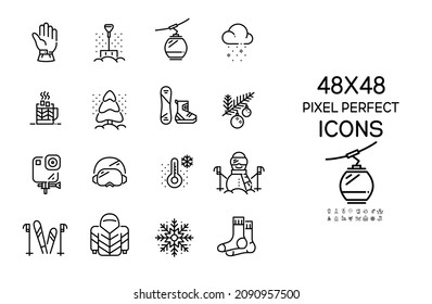 Winter mountain vacation symbols set. Recreational sports, cold temperature and warm clothes. Pixel perfect, icons