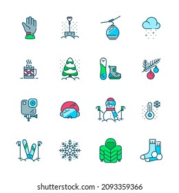 Winter mountain vacation symbols set. Recreational sports, cold temperature and warm clothes. Pixel perfect, colorful icons