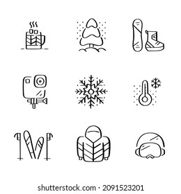 Winter mountain vacations. Skiing and snowboarding, cold temperature and warm clothes. Doodle style icons