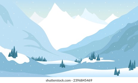 Winter mountain valley snow landscape. Cartoon snowy high hill panorama view