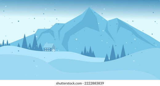 Winter Mountain View with pines and hills. Snowy Winter Scenery. Beautiful winter flat landscape background. Winter landscape with mountains and snowfall. Flat design. Vector