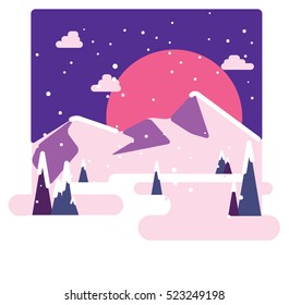 winter Mountain view with a sunset sun. Vector illustration.