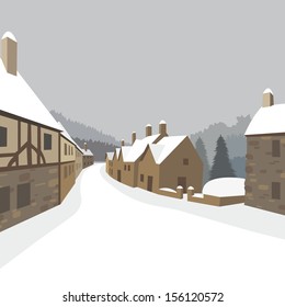 Winter mountain village background, Christmas greeting card design. Vector illustration