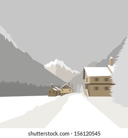 Winter mountain village background, vector illustration