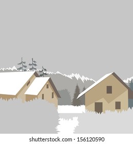 Winter mountain village background, vector illustration