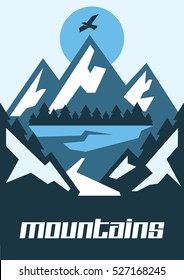 Winter mountains, active vacation. Fresh air. on the horizon, winter nature view. Pine forest. Mountain. Vector illustration. Flat style