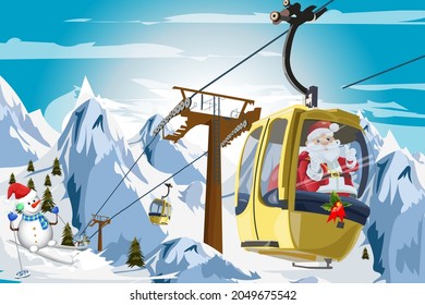 Winter mountains cable car with Santa Claus on Ski lift Christmas time