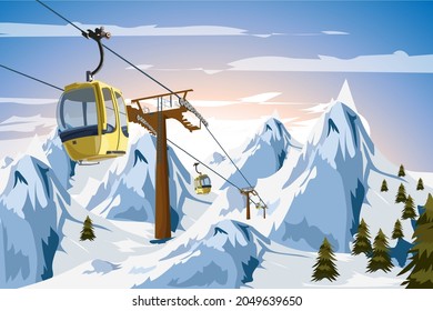 Winter mountains cable car Ski Gondola tram vector Christmas time