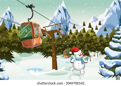 Winter mountains cable car with snowman Ski lift Christmas time