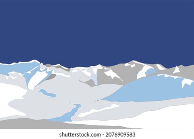Winter mountains covered with snow. Simple flat abstract vector illustration, background coloured in blue, grey and white.