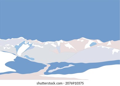 Montañas de invierno cubiertas de nieve. Ilustración vectorial abstracta plana simple, de fondo coloreada en rosa suave, azul, gris y blanco.