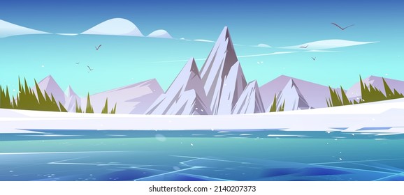 Winter mountains and frozen pond scenery landscape. Nature background with rocks under falling snow flakes. Resort, wild park or garden with white ice peaks under blue sky, Cartoon vector illustration