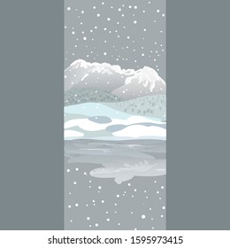 
Winter mountains and lake. Vector, snowy landscape. Ice rink on the lake. Skaters.