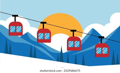 Winter Mountains Landscape with Cable Cars Flat Style. Landscapes and outdoor sightseeing activities vector art