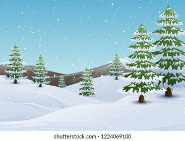 Winter mountains landscape with fir trees and falling snow