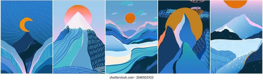 Winter mountains and landscape. Hand drawn vector illustrations.
Modern trendy cartoon style. Concept pictures for your design.