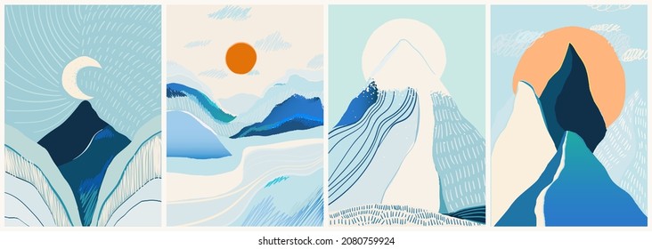 Montañas y paisajes de invierno. Ilustraciones vectoriales dibujadas a mano.
Estilo moderno de caricatura. Concepción de imágenes para su diseño.
