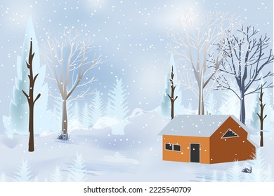 Winter mountains landscape with houses and tree on vector background with snowflakes falling from sky .Cartoon winter scenery of cold weather and village forest, snowy hills and fields