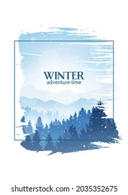 Winter mountains landscape. Isolated white frame brush strokes. Travel, discovering, exploring, observing nature. Hiking tourism. Adventure. Polygonal flat design graphic poster. Vector illustration
