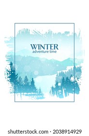 Winter mountains landscape. Isolated white frame brush strokes. Travel, discovering, exploring, observing nature. Hiking tourism. Adventure. Polygonal flat design graphic poster. Vector illustration