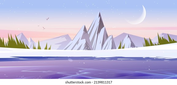 Wintergebirgslandschaft, Naturhintergrund mit Landschaftsfelsen und gefrorenem Teich unter fallenden Schneeflocken. Resort, Wildpark oder Garten mit weißen Eisspitzen unter rosafarbenem Himmel, Vektorgrafik