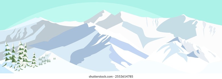 Winter mountains landscape. Nature scene with snowy hills and blue sky. cartoon vector background for ski resort, park, hotel, touristic agency.