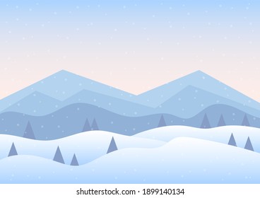 Winter mountains landscape with pine forest. Vector illustration.