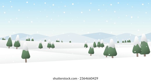 Winter mountains landscape with pines and hills vector illustration. Merry Christmas and Happy New Year greeting card template.