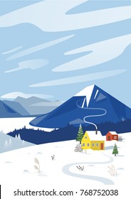 Winter mountains landscape scene with small house and pine forest. Vector illustration in flat geometric style