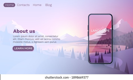 Winter mountains landscape. Smartphone mobile screen, landscape mobile display. Nature background. Vector illustration